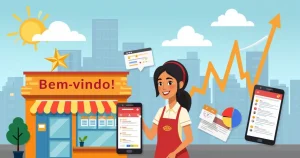 Mulher empresaria feliz na frente da loja, destacando benefícios do Google Meu Negócio com dispositivos digitais.